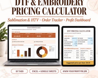 Calcolatore prezzi ricamo DTF / Strumento di monitoraggio aziendale per HTV a sublimazione (Excel/Fogli Google) / Foglio di calcolo per il monitoraggio degli ordini