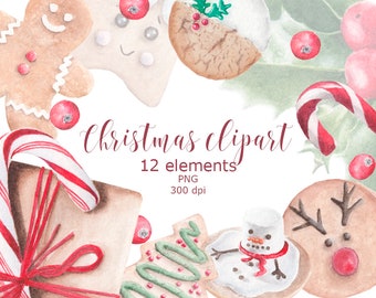 Christmas watercolor gingerbread clipart Christmas png files watercolor Christmas gingerbread man png holly berries candy cane clipart
