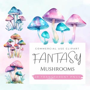 Clipart de cogumelo de fantasia em aquarela para uso comercial PNGs transparentes Cogumelos coloridos psicodélicos vibrantes e mágicos e alucinantes
