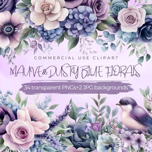 Clipart floral de acuarela de color malva y azul polvoriento Uso comercial flores de color púrpura lila PNG transparente para hacer tarjetas de invitación de boda