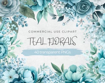 Blauwgroen bloemen clipart png | Aquarel blauwe bloemen | Commercieel gebruik