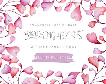 Clipart del día de San Valentín Uso comercial Corazones de acuarela pintados a mano PNG transparente Ramas románticas florecientes para hacer tarjetas de invitación