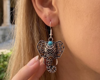 Elephant Earrings with Turquoise Stone –  Boho Animal Jewelry – Tribal Dangle Earrings – Sterling Silver, Brass or Stainless Steel Hooks