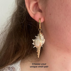 Könnte beinhalten: Ein goldener Creolen-Ohrring mit einem hängenden, texturierten Muschel-Anhänger in Off-White und Goldtönen. Der Ohrring wird am Ohrläppchen getragen. Der Text "Choose your unique shell pair" ist im unteren Bereich des Bildes zu sehen.