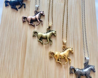 Horse Necklace, Running Horse Pendant, Stainless Steel Chain, Equestrian Jewelry, Horse Lover Gift