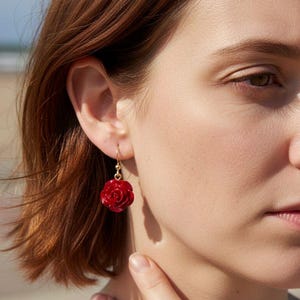 Red Rose Earrings | 18K Gold Plated stainless steel| Romantic Floral Jewelry | Statement Rose Dangle Earrings | Gift for Her Flower Earrings