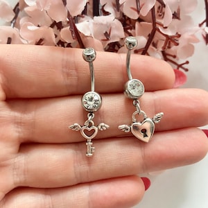 Winged Heart Lock and Key Belly Button Ring – Stainless Steel Navel Piercing – Dangle Heart Barbell – Cute Silver Body Jewelry Gift