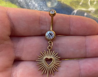 Piercing para ombligo con forma de corazón y sol dorado, piercing de acero inoxidable para el ombligo, piercing colgante para el ombligo, joyería bohemia con forma de corazón y rayos de sol, lindo regalo para piercing de ombligo