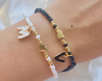 Seed Bead Initial Bracelet with Gold Heart | Personalised Name Bracelet | Custom Letter Bracelet Gift | Dainty Friendship Jewellery