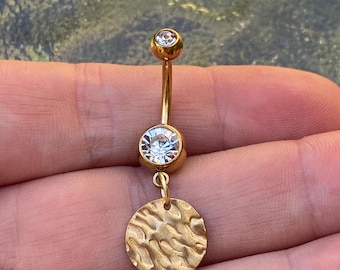 Gold Disc Belly Ring, Stainless Steel Navel Piercing, Minimalist Dangle Belly Button Ring, Textured Coin Belly Bar, Boho Belly Jewelry Gift