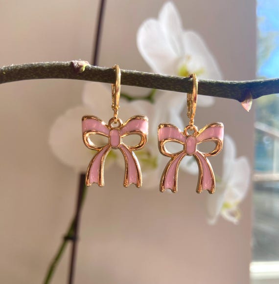 Pink Bow Earrings 18K Gold Huggie Hoop Earrings Cool Quirky