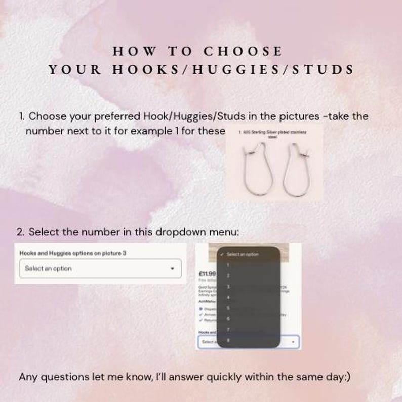 Pode incluir: Um gr&aacute;fico instrutivo intitulado HOW TO CHOOSE YOUR HOOKS/HUGGIES/STUDS. Exibe um par de ganchos de brinco prateados rotulados com o n&uacute;mero 1, um menu suspenso intitulado Hooks and Huggies options on picture 3 e uma lista de sele&ccedil;&atilde;o numerada de 1 a 8.