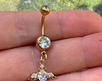 Gold Angel Heart Belly Button Ring | Stainless Steel Navel Piercing | CZ Winged Heart Dangle Belly Bar | Cute Fairycore Belly Ring