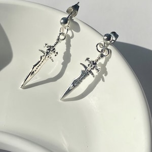 Sword Stud Dangle Earrings | Silver Sword Jewelry | Medieval Studs | Gothic Accessories | Unique Gift for Him or Her | Fantasy Jewelry