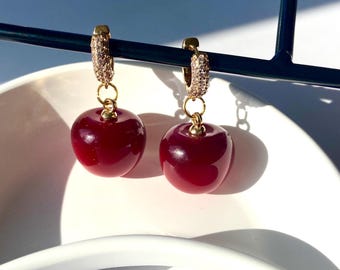 Cherry Drop Earrings | 18K Gold Plated Brass Huggies | Red Statement Earrings | Fruit Jewelry Gift for Her | Bold Dangle Earrings