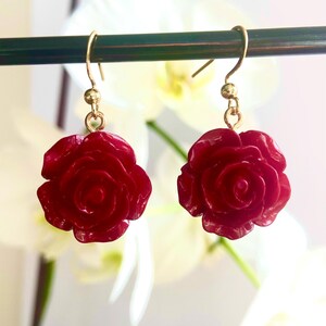 Big Red Rose dangle Earrings Romantic Jewelry for Her Elegant Design Gift for Valentines Day Flower Earrings Gift for Wife 18K Gold Plated