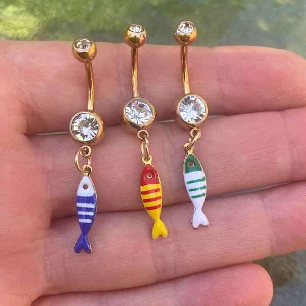 Fish Belly Button Ring, Colorful Navel Piercing, Cute Dangle Belly Ring, Stainless Steel Belly Bar, Summer Beach Body Jewelry Gift