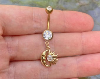 Sun Moon Belly Bar Stainless Steel – Gold Celestial Navel Ring, Crystal Dangle Belly Button Piercing, Cute Boho Body Jewelry Gift