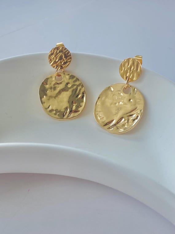 Hammered Gold Disc Earrings Statement Drop Earrings Minimalist