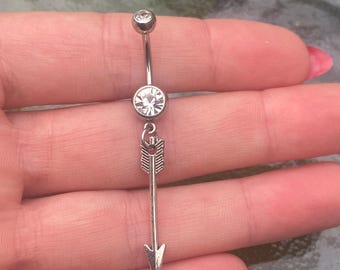 Arrow Belly Bar Stainless Steel – Silver Navel Ring with Crystal, Dangle Arrow Belly Button Piercing, Minimalist Body Jewelry Gift