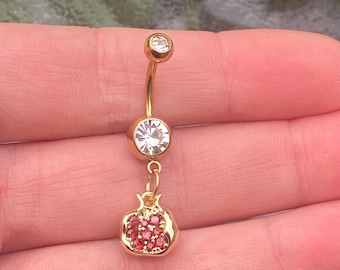 Granatapfel Bauchnabel Ring, Roter Kristall Nabel Piercing, Gold Baumeln Bauch Bar, Obst Charm Bauchring, Edelstahl Körper Schmuck Geschenk
