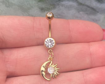 Sun Moon Belly Bar Stainless Steel – Gold Celestial Navel Ring, Crystal Dangle Belly Button Piercing, Cute Boho Body Jewelry Gift