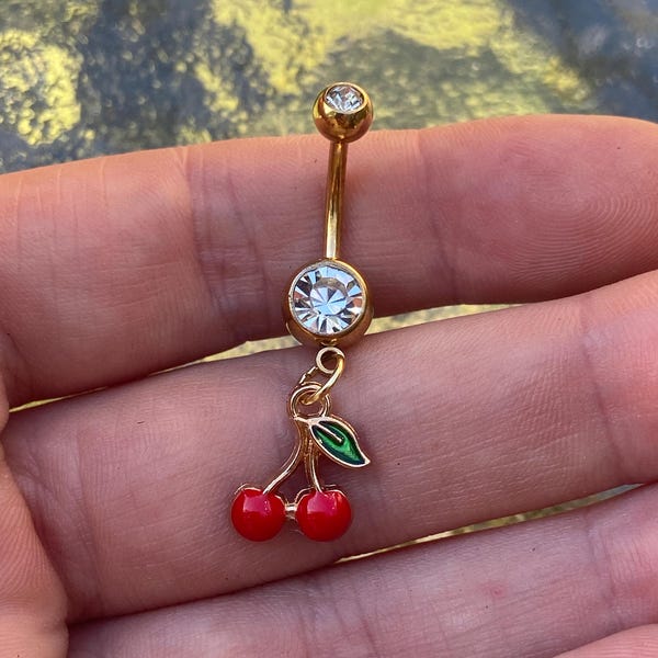 Cherry Belly Button Ring, Stainless Steel Navel Piercing, Cute Fruit Belly Bar, Kawaii Belly Ring, Dangle Cherry Piercing Jewelry