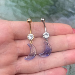 Moon Belly Button Ring, Purple Crescent Navel Piercing, Stainless Steel Dangle Belly Ring, Cute Celestial Belly Bar, Starry Body Jewelry