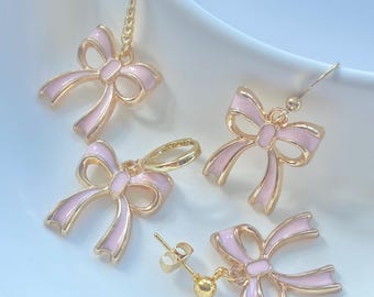 Pink Bow Earrings | Dainty Ribbon Earrings | Cute Kawaii Earrings Cute Bowknot Earrings 18K Gold Plated Cool Quirky Earrings Gift For Her