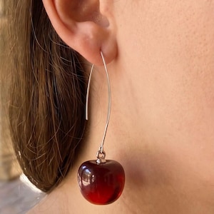 Cherry Dangle Earrings, Red Cherry Threader Earrings, Copper Hook Earrings, Cute Fruit Earrings, Kawaii Jewelry Gift for Her