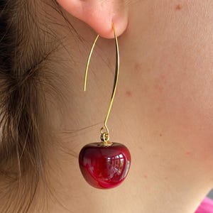 Long Cherry Drop Earrings – Fruit Dangle Earrings, Red Statement Earrings, Kitsch Y2K Jewelry, Cute Gift for Her, Summer Aesthetic