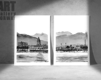 Málaga, Spain | Set of 2 | Landscape Art Print from Original Ink Painting | Spanish Wall Decor gift for home