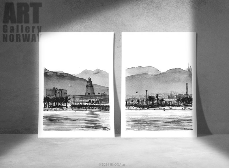 Málaga, Spain Set of 2 Landscape Art Print From Original Ink Painting