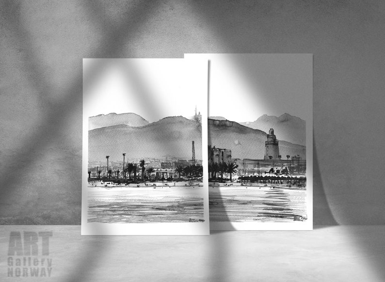 Málaga, Spain Set of 2 Landscape Art Print From Original Ink Painting