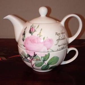 Può includere: Servizio da tè in ceramica bianca composto da una teiera e una tazza. La teiera ha un coperchio e un manico, e la tazza si inserisce all'interno. Entrambi i pezzi sono decorati con rose rosa, foglie verdi e il testo "Rosa biflora officinalis".
