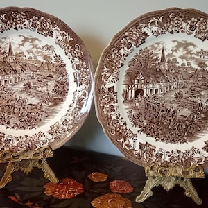 Vintage Brown Transferware Dinner Plates - Stratford Stage by J & G Meakin