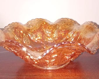 Imperial Glass American Beauty Open Rose Marigold Ruffle Carnival Glass Bowl.