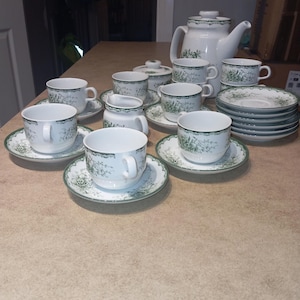 Puede incluir: Un juego de té de porcelana blanca con un diseño floral verde. El juego incluye una tetera, tazas, platillos, azucarero y platos. Las tazas y platillos están dispuestos en grupo.