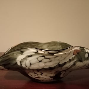 Vintage Murano Art Glass Bowl: Dark Green, White & Gold Accent, Unusual Shape
