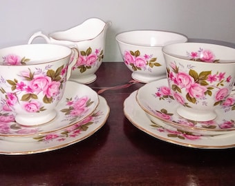 Vintage Queen Anne Bone China Set: Pink Roses, Milk Jug & Sugar Bowl