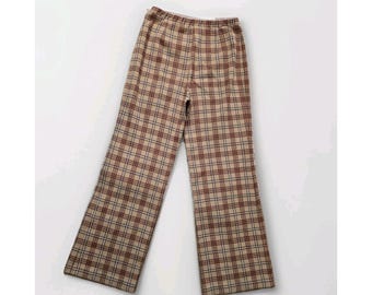 VTG Women's 70s Plaid Wide Leg Trousers ILGWU Union  High Waist Retro Academia