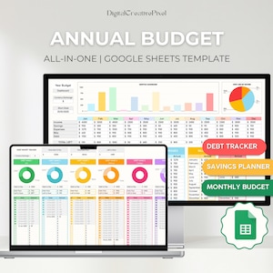 Peut inclure: Un modèle de budget annuel pour Google Sheets. Le modèle comprend des sections pour un budget mensuel, un suivi des dettes et un planificateur d'épargne. Le modèle est coloré et comprend des graphiques et des tableaux.