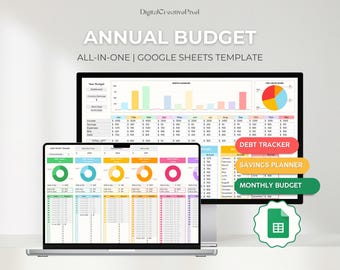 Annual Budget Tracker for Google Sheets, Debt Payoff Tracker, Savings Planner, Monthly Budget, Task Calendar, Salary Spreadsheet