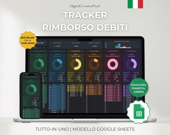 Tracker Rimborso Debito Darkmode per Google Sheets Italiano, Planner Finanze Personale, Budget e Obiettivi