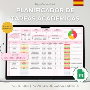 May include: A laptop screen shows a digital academic planner with a spreadsheet design. The planner features sections for tasks, deadlines, and progress tracking, with the text "PLANIFICADOR DE TAREAS ACADÉMICAS" at the top. The words "BESTSELLER INTERNACIONAL" are also visible.