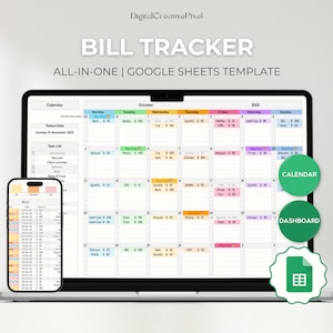 Bill Tracker for Google Sheets, Monthly Calendar, Weekly Budget Spreadsheet, Financial Planner, Invoice Template, To Do List