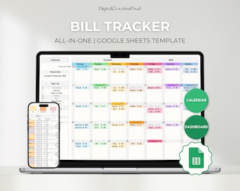 Bill Tracker for Google Sheets, Monthly Calendar, Weekly Budget Spreadsheet, Financial Planner, Invoice Template, To Do List