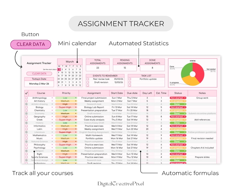 Assignment Tracker, Google Sheets Template, School Spreadsheet, Student ...