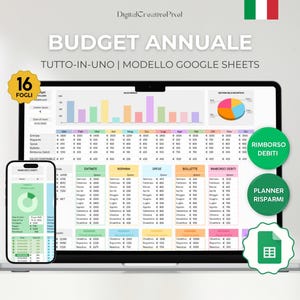 May include: A laptop and smartphone showing a financial spreadsheet with colourful charts and data. The text "BUDGET ANNUALE" is at the top, with additional text and icons. The image includes a green and white Google Sheets icon.