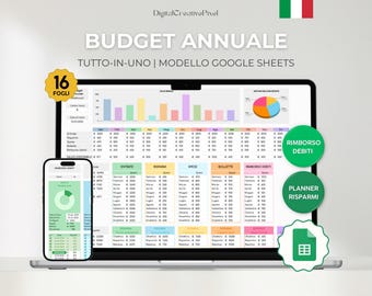 Budget Annuale per Google Sheets Italiano, Planner Finanze Personale Mensile, Tracker Spese, Entrate, Monitoraggio Risparmi, Rimborso Debiti